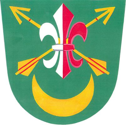 V zeleném štítě nad zlatým stoupajícím půlměsícem stříbrno-červeně polcená lilie podložená zkříženými zlatými šípy hroty vzhůru. Znak Honětice