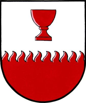 Ve stříbrno-červeně plamenným řezem děleném štítě nahoře červený kalich. Znak Hořátev