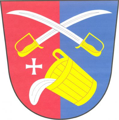 V červeno - modře polceném štítě zlaté, kosmo nakloněné vědro s uchem a stříbrnou vytékající vodou, vpravo provázené stříbrným tlapatým křížkem a převýšené zkříženými vztyčenými stříbrnými šavlemi se zlatými jílci, ostřím nahoru. Znak Horní Lapač