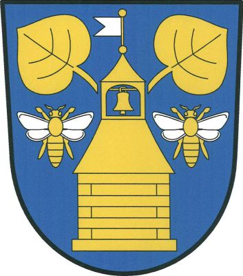 V modrém štítě zlatá roubená zvonice se zvonem zavěšeným v prázdné lucerně, zakončená makovicí se stříbrným praporkem s vlaštovčím ocasem, nahoře provázená dvěma vztyčenými odkloněnými zlatými lipovými listy, po stranách dvěma zlatými včelami se stříbrnými křídly. Znak Horní Libochová