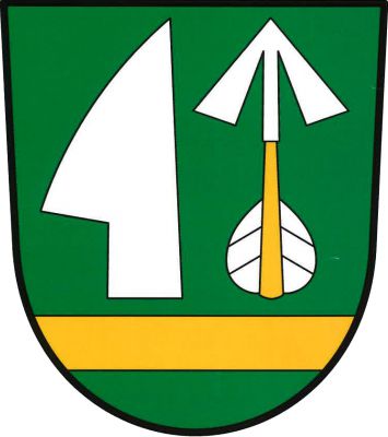 V zeleném štítě nad sníženým zlatým břevnem vedle sebe stříbrná radlice a zlatý šíp se stříbrným hrotem a opeřením, obojí vztyčené. Znak Horní Slatina
