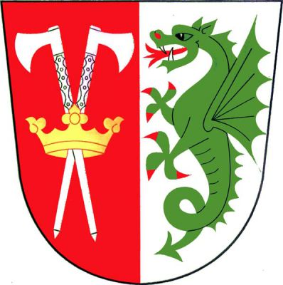 V červeno-stříbrně polceném štítě vpravo zlatou korunou prostrčené zkřížené stříbrné čakany, vlevo zelený drak s červenou zbrojí a jazykem. Znak Hošťka