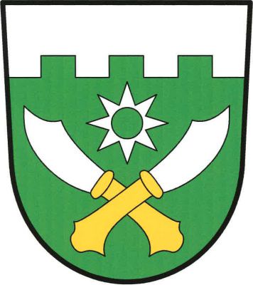 V zeleném štítě pod stříbrnou cimbuřovou hlavou dva zkřížené stříbrné nože se zlatými rukojeťmi provázené nahoře stříbrným osmihrotým ostruhovým kolečkem. Znak Hostouň