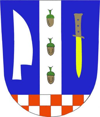 V modrém štítě nad červeno-stříbrně šachovanou patou stříbrný kůl se třemi svěšenými žaludy přirozené barvy, provázený vpravo vztyčenou stříbrnou radlicí a vlevo postaveným zlatým nožem s rukojetí přirozené barvy. Znak Hrabětice