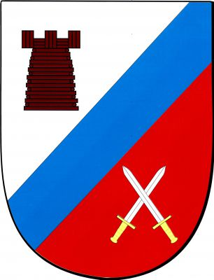 Ve stříbrno - červeně šikmým modrým břevnem děleném štítě nahoře dřevěná palisádová věž s cimbuřím přirozené barvy, dole zkřížené vztyčené stříbrné meče se zlatými jílci. Znak Hradec