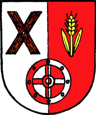 Ve stříbrno-červeně polceném štítě dole mlýnské kolo opačných barev, vpravo nahoře dřevěný ondřejský kříž přirozené barvy, vlevo nahoře zlatý pšeničný klas se dvěma listy. Znak Hradiště
