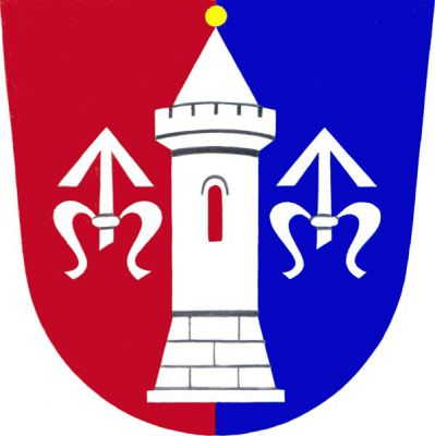 V červeno-modře polceném štítě stříbrná věž s rozšířeným kvádrovaným soklem, červeným oknem, cimbuřím a kuželovou střechou se zlatou makovicí, provázená dvěma stříbrnými zavinutými střelami. Znak Hustopeče nad Bečvou