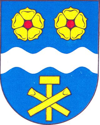 V modrém štítě stříbrné vlnité břevno, nad ním dvě zlaté růže s červenými semeníky, pod ním zkřížená tyčová dláta podložená vztyčenou kamenickou palicí, vše zlaté. Znak Jakubčovice nad Odrou