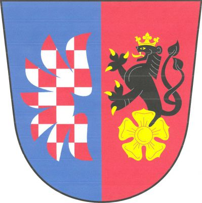 V modro - červeně polceném štítě vpravo doleva obrácené stříbrno - červeně šachované křídlo, vlevo černý korunovaný dvouocasý lev se zlatou zbrojí vyrůstající ze zlaté růže. Znak Janoušov