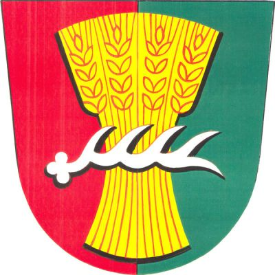 V červeno-zeleně polceném štítě zlatý obilný snop přeložený vodorovně stříbrným parohem. Znak Jarohněvice