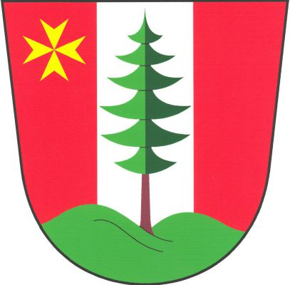V červeném štítě se stříbrným kůlem jedle přirozené barvy vyrůstající ze zeleného dvojvrší, provázená vpravo nahoře zlatým osmihrotým křížem. Znak Jedlí