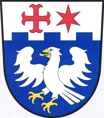 V modrém štítě pod stříbrnou cimbuřovou hlavou s kotvicovým křížem a hvězdou vedle sebe, obojí červené, stříbrný rozkřídlený dravý pták se zlatou zbrojí a jazykem. Znak Jeneč