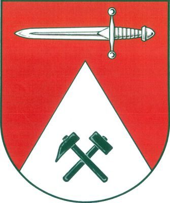 V červeném štítě stříbrný snížený hrot s černými zkříženými hornickými kladívky, nad ním stříbrný doprava položený meč. Znak Jenišov