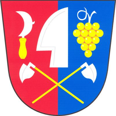 V červeno-modře polceném štítě stříbrná vztyčená radlice nad zkříženými stříbrnými motykami se zlatými násadami, provázená vpravo stříbrným vinařským nožem - kosířem se zlatou rukojetí a vlevo zlatým vinným hroznem se stříbrným stonkem. Znak Jezeřany-Maršovice