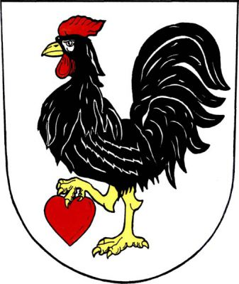 Ve stříbrném štítě černý kohout se zlatou zbrojí a červeným hřebínkem držící v pařátu červené srdce. Znak Jindřichov