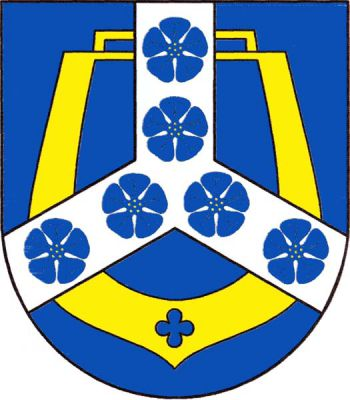 V modrém štítě zlatý třmen, přes něj obrácená stříbrná vidlice posázená šesti modrými květy lnu se zlatými středy. Znak Jívka