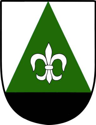 Ve stříbrném štítě na černé patě zelený hrot, v něm stříbrná lilie. Znak Kbelany