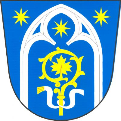 V modrém štítě vyrůstající stříbrné prázdné gotické okno s kružbou, provázené v koutech a v kružbě třemi zlatými osmihrotými hvězdami. V okně zlatá hlavice berly se závitem zakončeným javorovým listem a se stříbrným sudariem se zlatým třepením. Znak Klášter