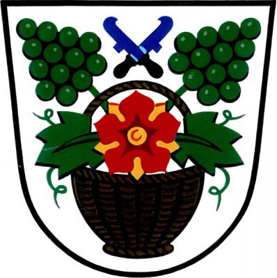 Ve stříbrném štítě proutěný košík přirozené barvy, z něhož vzhůru vyrůstají dva zelené stvoly vinné révy, každý nahoře s jedním hroznem a dole s jedním listem. Uprostřed v koši červená růže se zlatým semeníkem a kališními lístky, mezi hrozny zkřížené přivrácené modré vinařské nože - kosíře s černými rukojeťmi. Znak Košíky