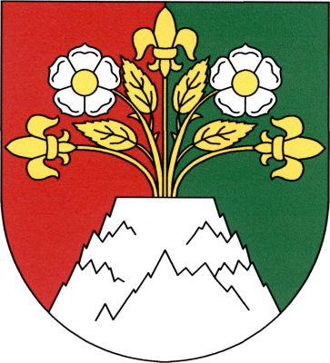 V červeno - zeleně polceném štítě ze stříbrného skalnatého návrší se seříznutým vrcholem vyrůstají dvě stříbrné růže se zlatými semeníky na odkloněných stoncích s trny a dvěma listy, střídavě mezi třemi liliemi na stoncích, vše zlaté. Znak Kosoř