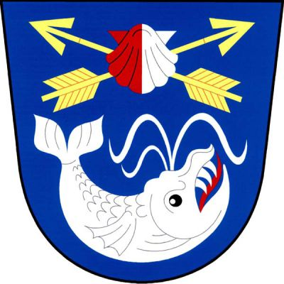 V modrém štítě nad doleva obrácenou dolů prohnutou stříbrnou velrybou se zuby a s červeným jazykem červeno - stříbrně polcená svatojakubská mušle podložená zkříženými vztyčenými zlatými šípy. Znak Kratonohy