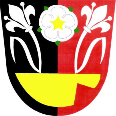 V černo-červeně polceném štítě pod stříbrnou růží se zlatým semeníkem položená zlatá orlice, z níž vyrůstají dvě odvrácené stříbrné přirozené lilie, s jedním listem. Znak Krchleby