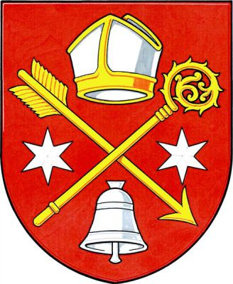 V červeném štítě pod stříbrnou, zlatě zdobenou mitrou kosmo položený šíp hrotem dolů, šikmo přeložený berlou závitem ven, obojí zlaté a provázené po stranách dvěma hvězdami a dole zvonem, vše stříbrné. Znak Křelov-Břuchotín