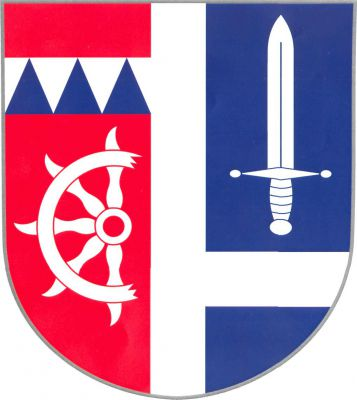 V červeno - modře stříbrným zúženým kůlem polceném štítě vpravo nahoře stříbrné břevno se třemi modrými hroty, pod ním pravá polovina zlomeného kola sv. Kateřiny s úplným nábojem, vlevo dole břevno, nad ním vztyčený meč, vše stříbrné. Znak Křižovatka
