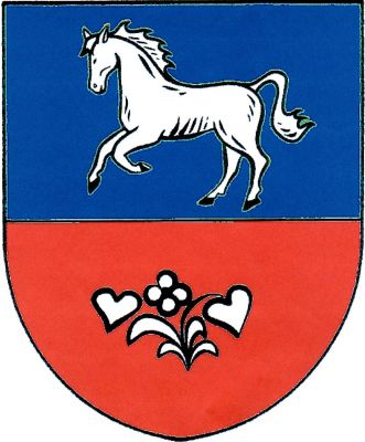 V modro - červeně děleném štítě nahoře kůň, dole trs kuklíku, obojí stříbrné. Znak Kuklík