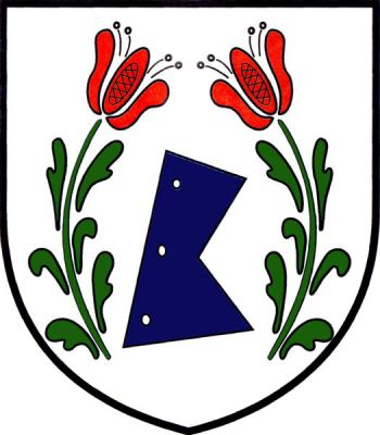 Ve stříbrném štítě modrá radlice provázená dvěma přivrácenými červenými vlčími máky na zelených stoncích. Znak Kundratice
