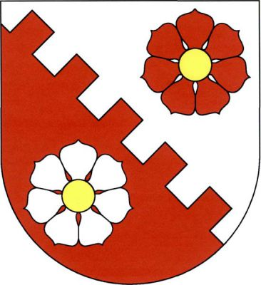 Ve stříbrno-červeně kosmým cimbuřovým řezem děleném štítě dva sedmilisté květy opačných barev se zlatými středy. Znak Květnice