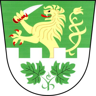 V zeleném štítě vyrůstá ze stříbrné hradby zlatý lev s červenou zbrojí, držící v pravé tlapě šikmo stříbrný nůž. V hradbě vztyčený zelený vinný dvojlist. Znak Kyjovice