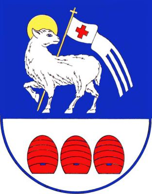 Modro-stříbrný sníženě dělený štít, nahoře stříbrný odvrácený Beránek Boží, dole tři červené pletené úly vedle sebe. Znak Lampertice