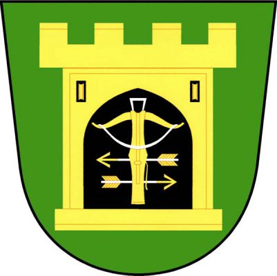 V zeleném štítě zlatá věž s cimbuřím s černou gotickou branou provázenou nahoře dvěma černými otvory se zlatými kladkami, v bráně vztyčená zlatá kuše s napínacím třemenem a nenapnutou tětivou, oboje stříbrné, podložená dvěma položenými stříbrnými šípy se zlatými hroty a opeřením, dolní doleva. Znak Lazsko