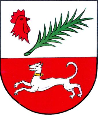 Stříbrno-červeně dělený štít. Nahoře šikmo položená palmová ratolest provázená vpravo červenou přivrácenou utrženou kohoutí hlavou. Dole stříbrný běžící pes se zlatým obojkem. Znak Libědice