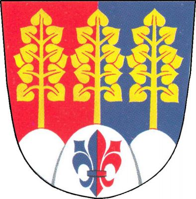 V červeno-modře polceném štítě vyrůstají ze stříbrného trojvrší s modro-červeně polcenou lilií tři zlaté lípy. Znak Lipová