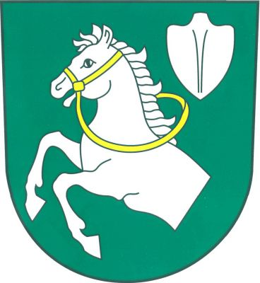 V zeleném štítě polovina stříbrného koně ve skoku se zlatým uzděním, provázeného vlevo nahoře stříbrným rýčem bez násady. Znak Litovany