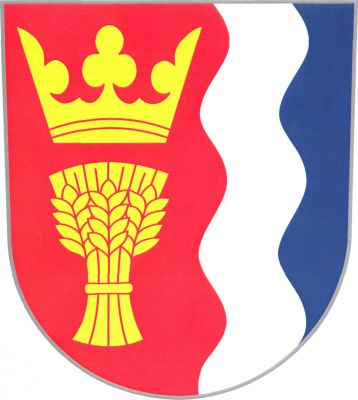 Vlevo vlnitě polcený štít. V pravém červeném poli koruna nad obilným snopem, obojí zlaté, levé pole stříbrno-modře vlnitě polcené. Znak Lochenice