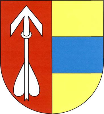 V červeno-zlatě polceném štítě vpravo vztyčený stříbrný šíp, vlevo modré břevno. Znak Lomnice
