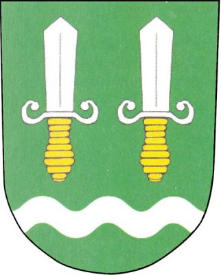 V zeleném štítě nad sníženým stříbrným vlnitým břevnem dvě stříbrné vztyčené dýky se zlatými rukojeťmi a stříbrnými záštitami. Znak Lomnička