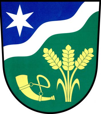 V zeleném štítě pod šikmým stříbrným vlnitým břevnem oddělenou modrou hlavou se stříbrnou hvězdou vpravo kosmo položená lovecká trubka, vlevo tři obilné klasy, krajní odkloněné s listem, vše zlaté. Znak Lukavice
