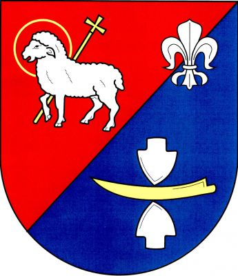 V červeno-modře šikmo děleném štítě nahoře stříbrný beránek se svatozáří, přidržující šikmo procesní kříž, obojí zlaté. Dole položená zlatá kosa bez kosiště ostřím nahoru, provázená nahoře a dole čelně obrácenými stříbrnými radlicemi hroty k sobě. Vlevo nahoře stříbrná lilie. Znak Lukov