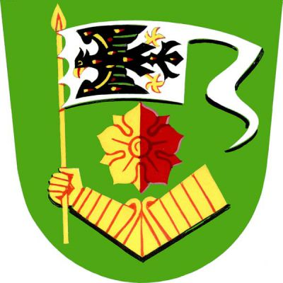 V zeleném štítě zlaté obrněné rameno držící na zlaté žerdi s hrotem stříbrný praporec s ocasem s položenou černou plamennou orlicí se zlatou zbrojí a perizoniem. Uprostřed štítu zlato-červeně polcená růže. Znak Mackovice