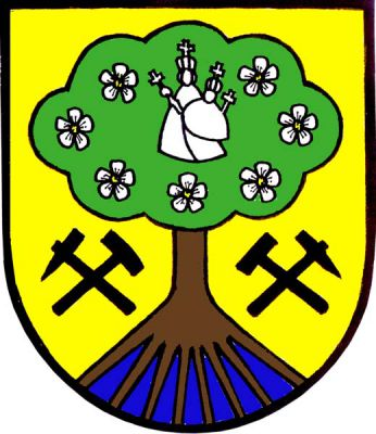 Ve zlatém štítě vyrůstající vykořeněná třešeň přirozené barvy, v koruně stříbrná Panna Marie s jezulátkem obklopená dolů do oblouku sedmí stříbrnými třešňovými květy. Strom provázejí černá hornická kladívka s mlátky ke středu. V kořenech stromu sedm stékajících modrých pramenů. Znak Malé Svatoňovice