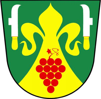 V zeleném štítě zlatý vydutý, liliovitě zakončený hrot s červeným vinným hroznem, provázený dvěma přivrácenými stříbrnými vinařskými noži - kosíři se zlatými rukojeťmi. Znak Malešovice