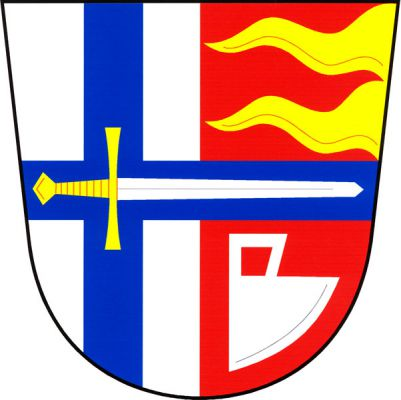 Ve stříbrno-červeně polceném štítě položený modrý latinský kříž, v něm doleva položený stříbrný meč se zlatým jílcem, vlevo nahoře dva zleva vynikající zlaté plameny, vlevo dole doleva obrácená stříbrná radlice. Znak Martinice