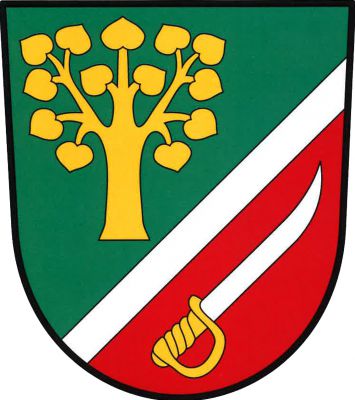 Zeleno-červeně sníženě šikmo zúženým stříbrným břevnem dělený štít. Nahoře zlatá lípa, dole šikmo vztyčená stříbrná šavle se zlatým jílcem. Znak Máslojedy