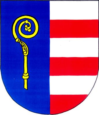 Polcený štít, vpravo modrý se zlatou horní částí doleva otočené berly, vlevo pětkrát stříbrno-černě dělený. Znak Měčín