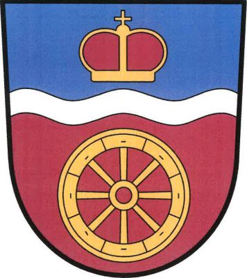 Modro-červeně zvýšeným zúženým stříbrným vlnitým břevnem dělený štít. Nahoře knížecí čepice, dole zlaté vozové kolo. Znak Mikulovice