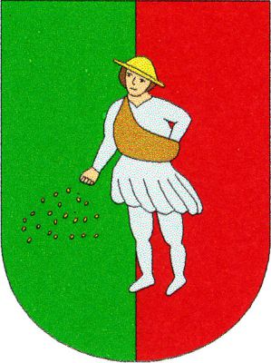 V zeleno-červeně polceném štítě rolník ve stříbrném šatě se zlatým kloboukem, rozsévající pravicí zlatá zrna. Znak Milostovice